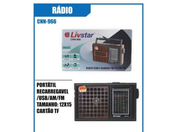 RÁDIO RECARREGÁVEL PORTÁTIL AM FM USB SD LIVSTAR CNN 966