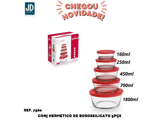 CONJ HERMETICO DE BOROSSILICATO 5PÇS 160ML 250ML 450ML 700ML 1800ML VERMELHO CAIRO 7360