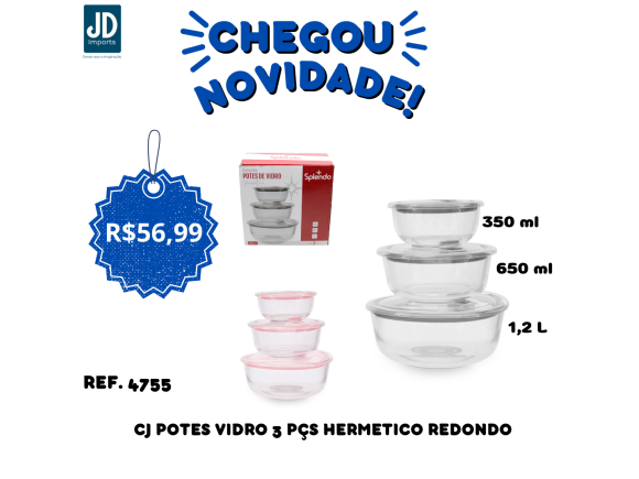 CONJ POTES VIDRO 3 PÇS HERMETICO REDONDO 350-650-1,2L 4755