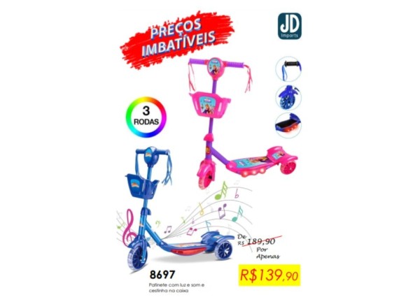 PATINETE INFANTIL C  CESTINHA SOM E LUZ ROSA E AZUL XH-066