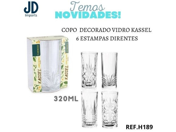 COPO  DECORADO VIDRO KASSEL 6 ESTAMPAS DIRENTES  320ML  H189