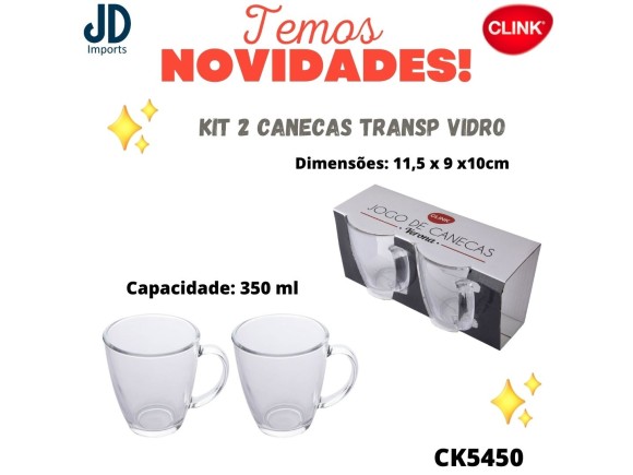 KIT 2 CANECAS TRANSPARENTES VIDRO CK5450