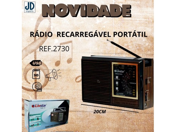 Rádio Recarregável Portátil USB